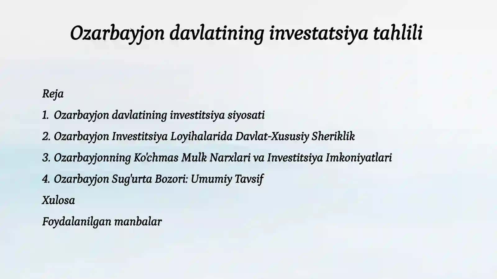 Ozarbayjon davlatining investatsiya tahlili 2