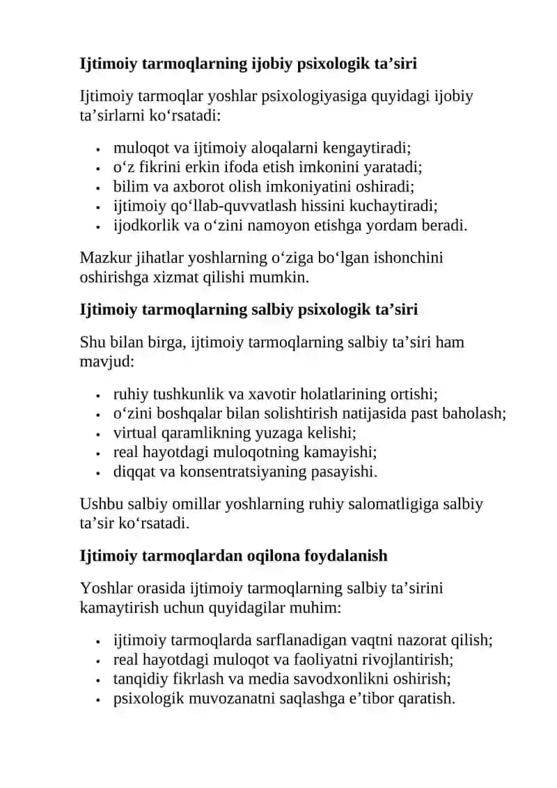 Yoshlar  orasida ijtimoiy tarmoqlarning psixologik ta’siri 2