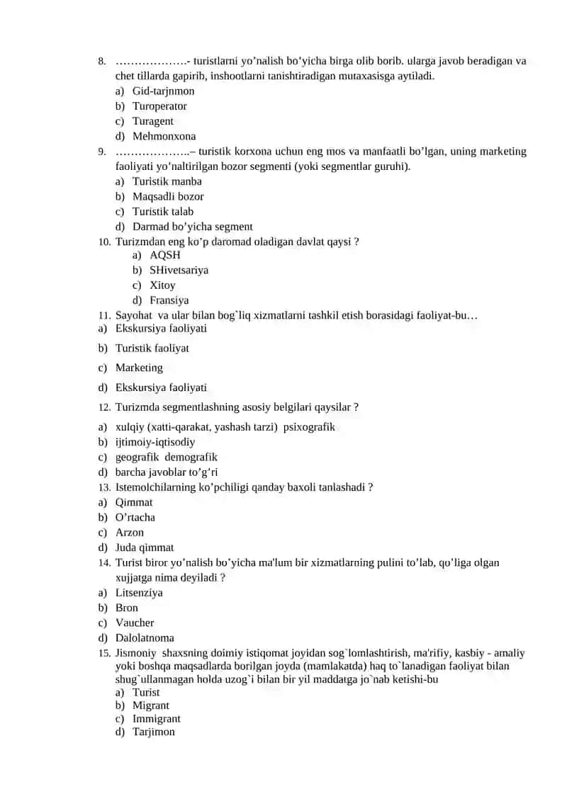 Turizm bo’yicha test savollari 2