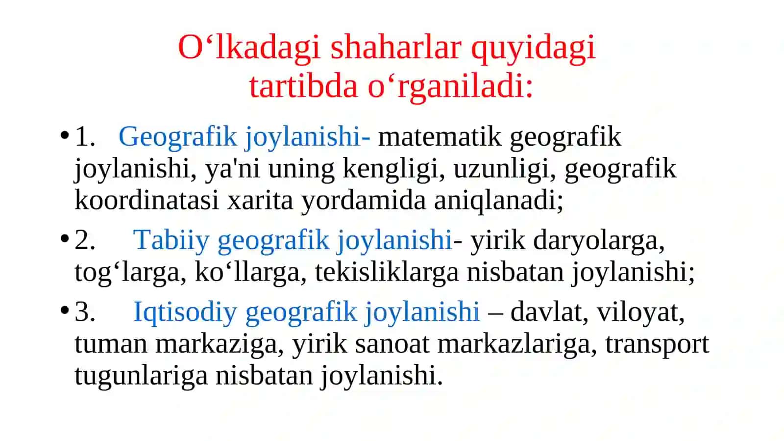 O‘lka shahar va qishloqlarini o‘rganish 2