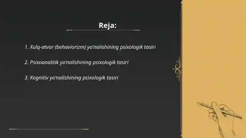 Xulq-atvor (behaviorizm) yo'nalishining psixologik tasiri 2