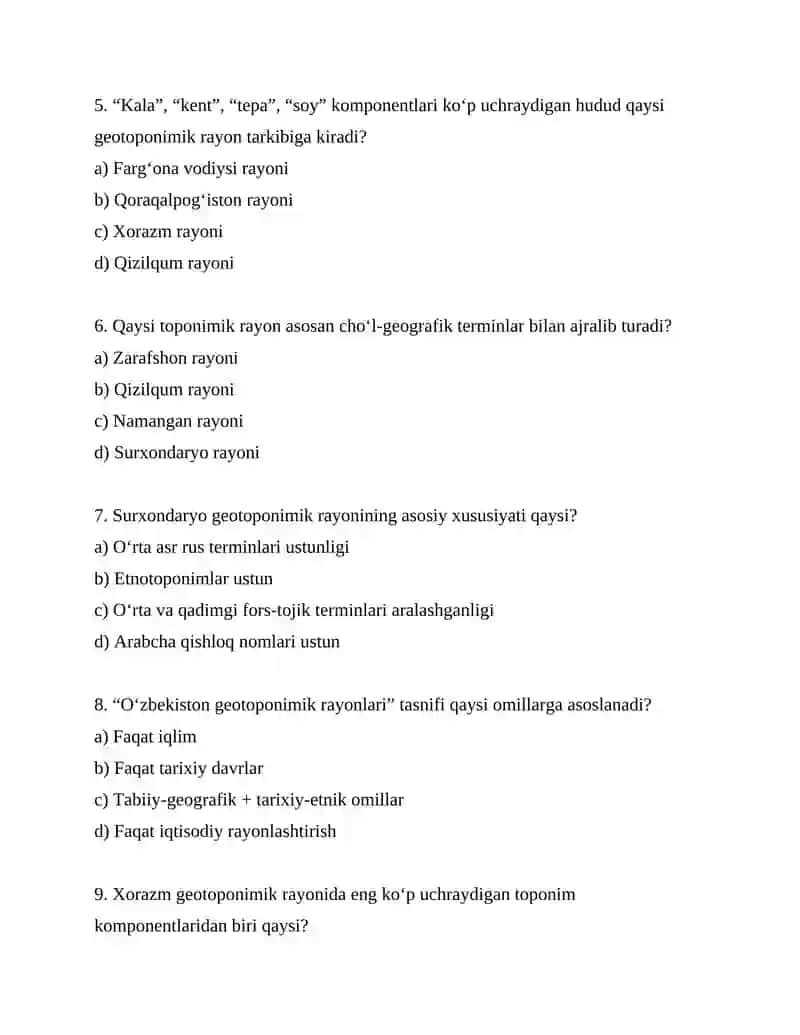 GEOTOPONIMIK RAYONLASHTIRISH — 10 TA BIR JAVOBLI TEST 2