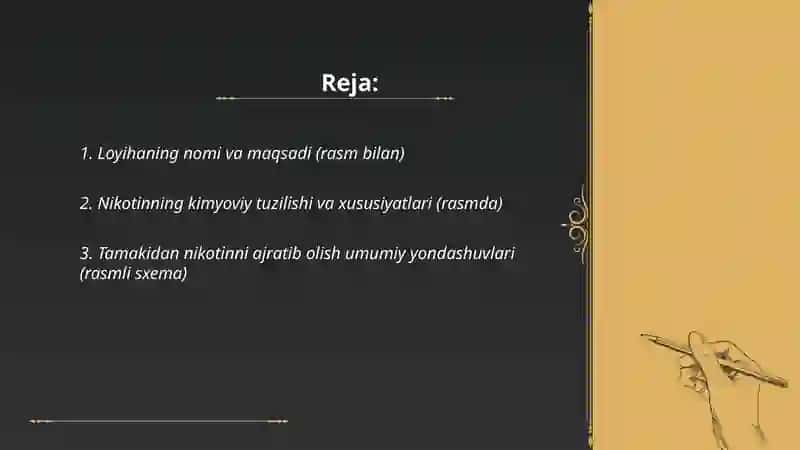 Tamaki tarkibidan nikotinni ajratib olish loyiha plansheti 2