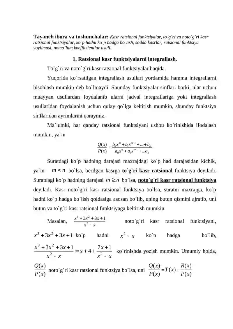 Eng sodda ratsional kasrlar va ularni  intеgrallash 2