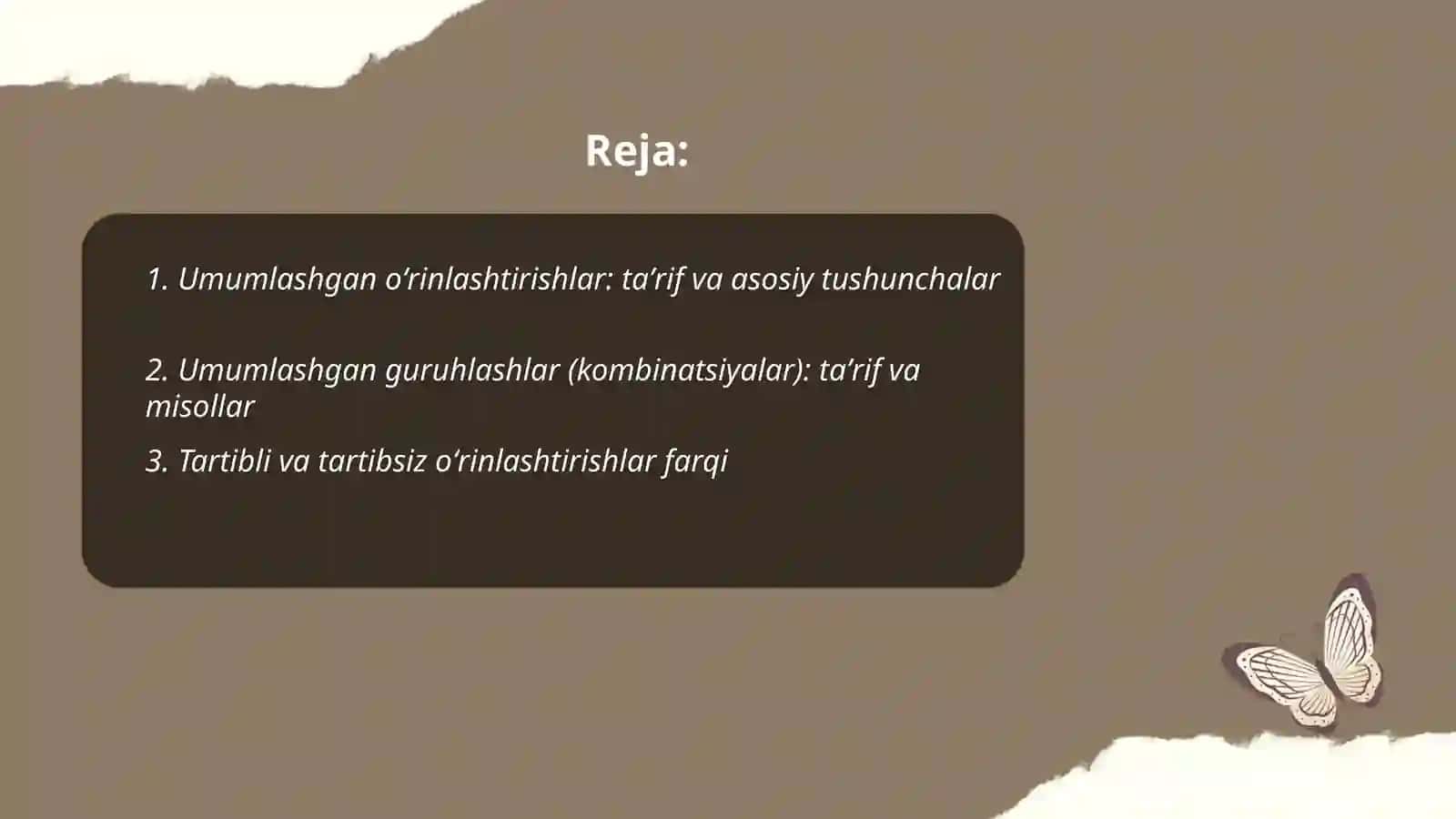 Umumlashgan oʻrinlashtirishlar va guruhlashlar 2