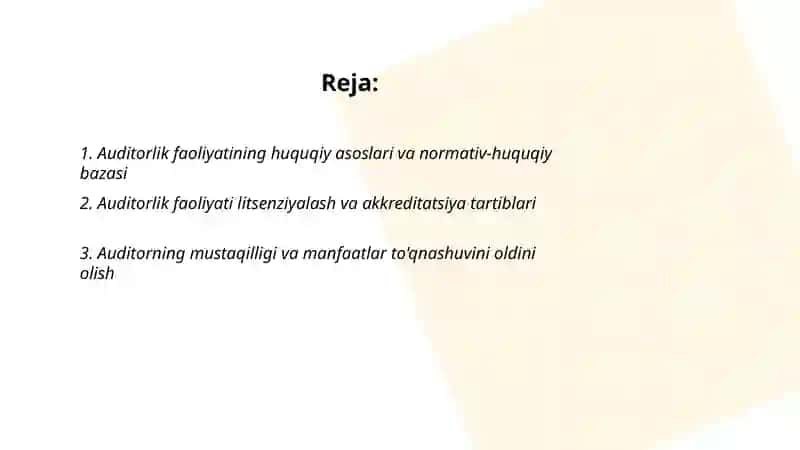 Auditorlik faoliyatini huquqiy asoslari, xalqaro audit standartlari 2