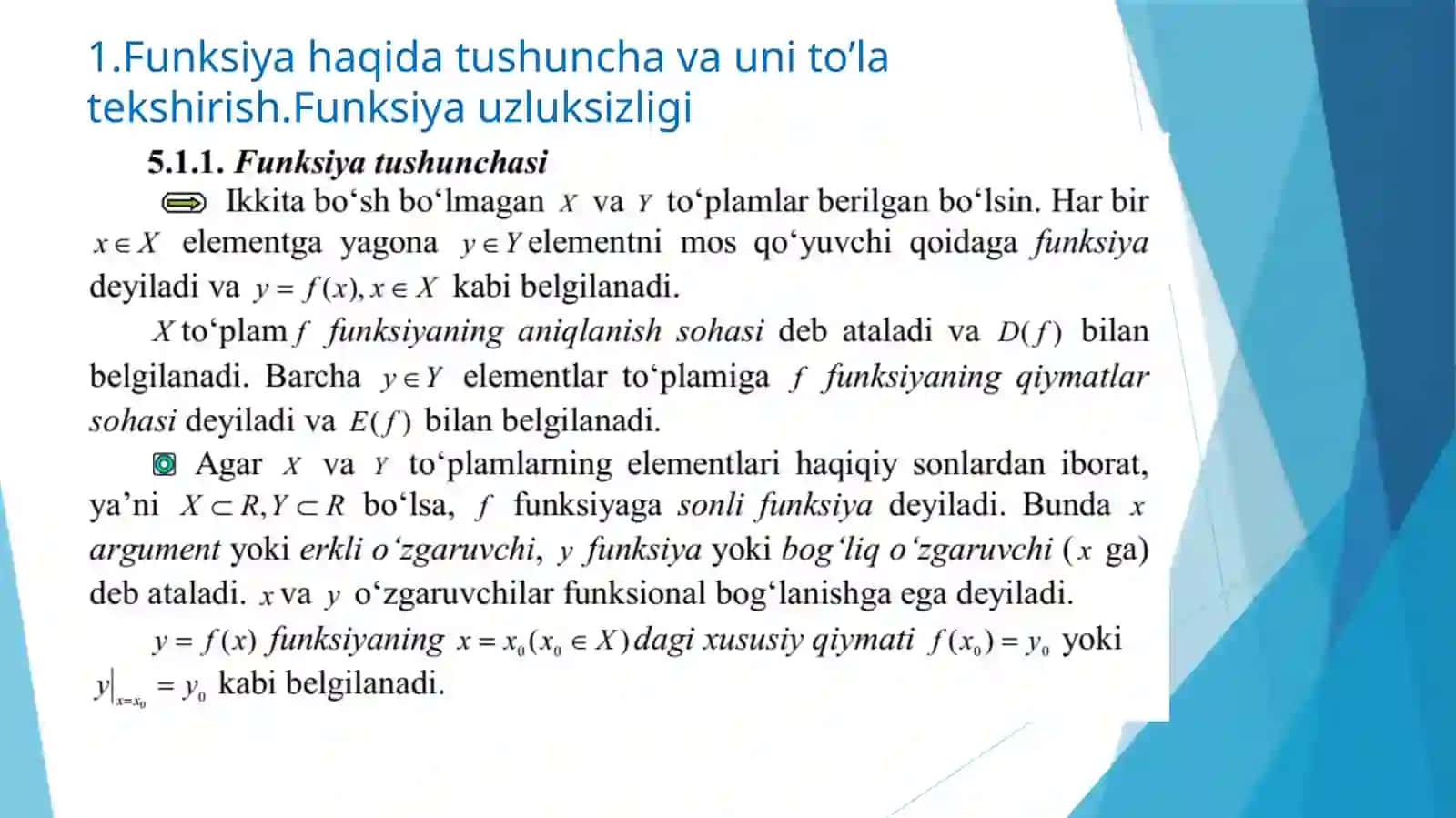 Funksiya tushunchasi.funksiyaning aniqlanish va qiymatlar sohasi 2