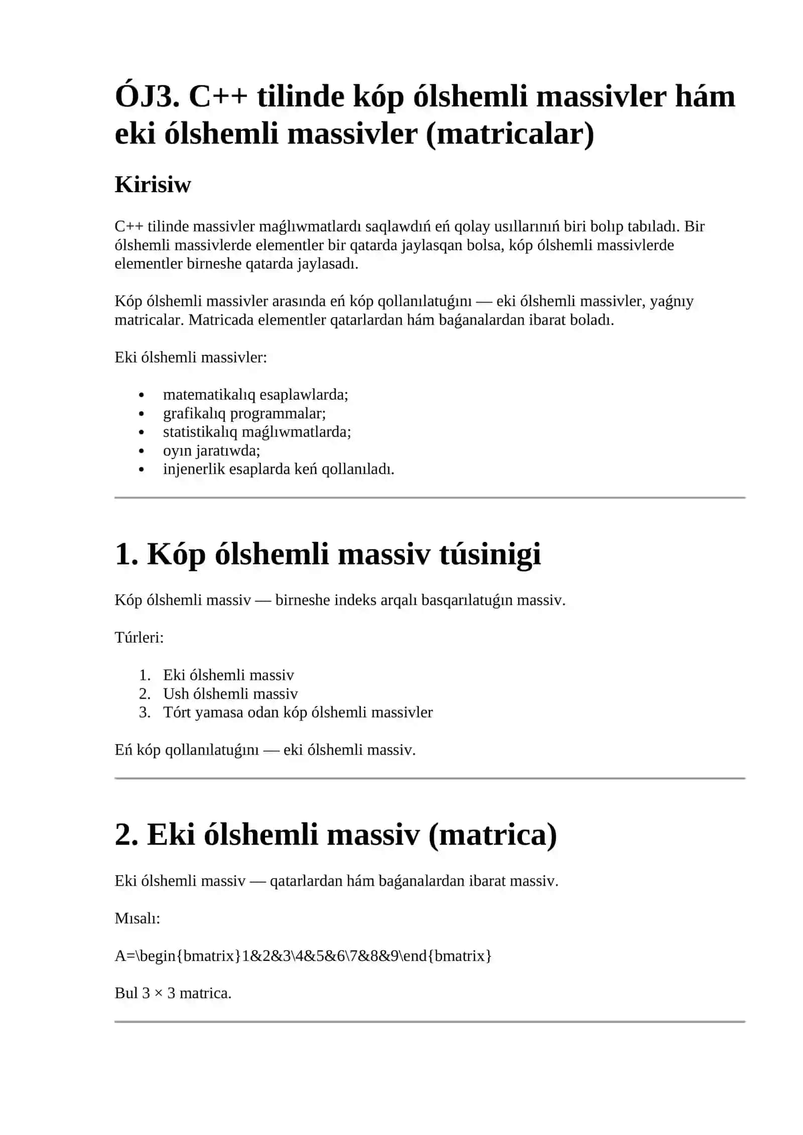 C++ tilinde kóp ólshemli massivler hám eki ólshemli massivler (matricalar) 2