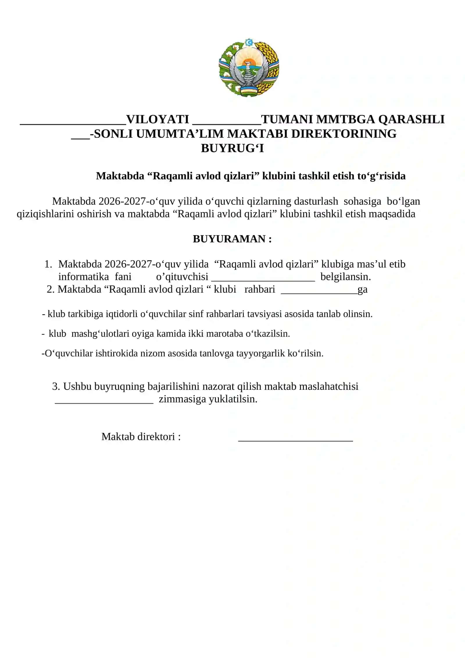 RAQAMLI AVLOD QIZLAR KLUBI 2026 YIL 2