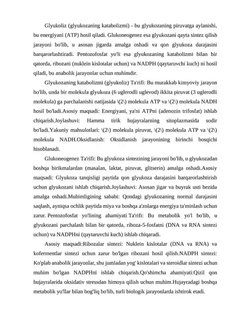 GLYUKOZA KATABOLIZMI VA GLUKONEOGENEZ. PENTOZOFOSFAT YO'LINING AHAMIYATI. 2