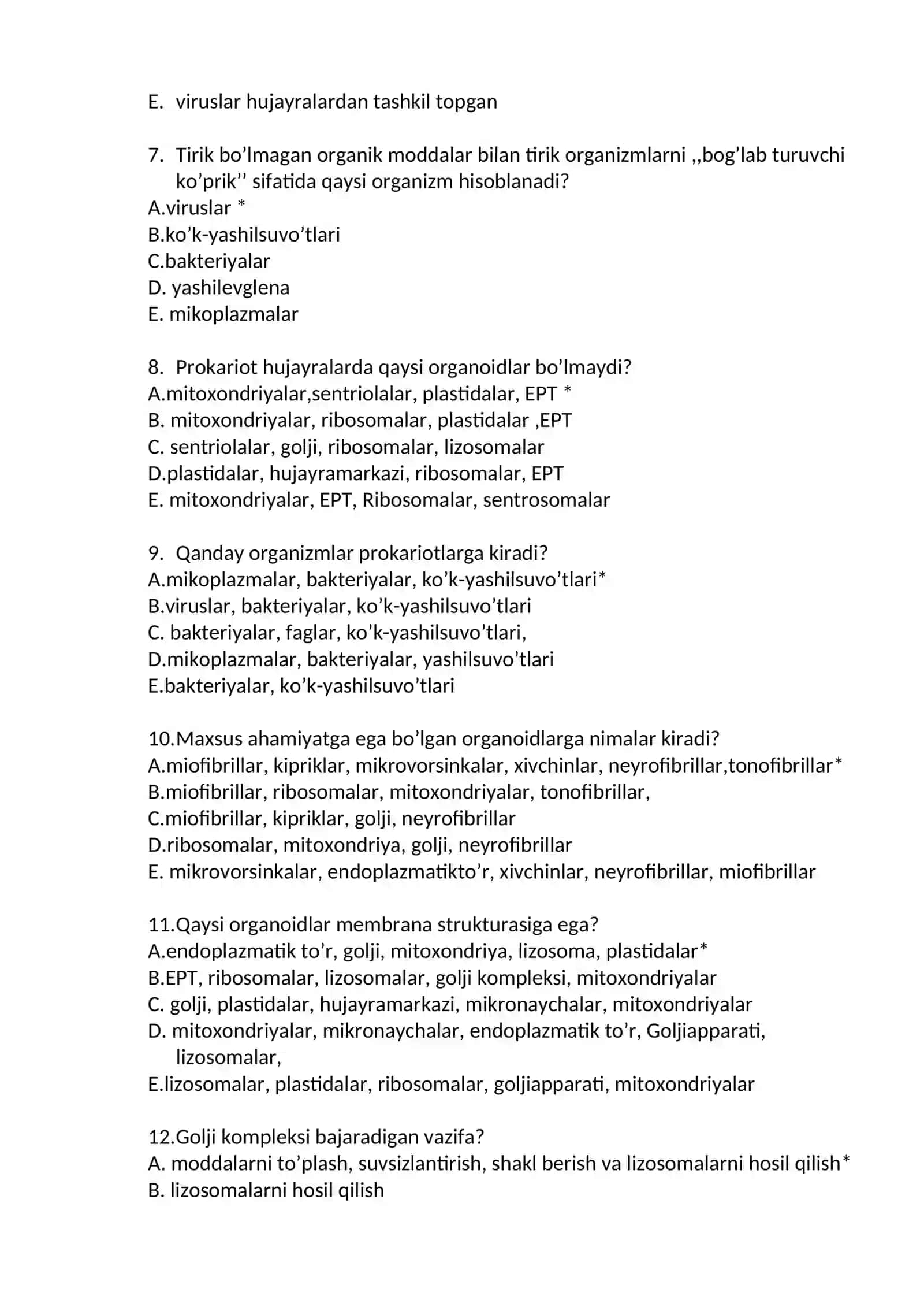 Biologiya savollari to'plami 2