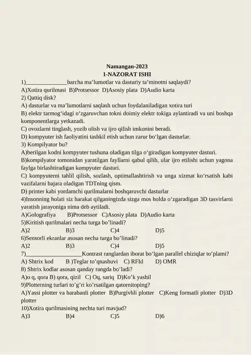 Informatika va axborot texnologiyalari fanidan nazorat ishi daftari 2