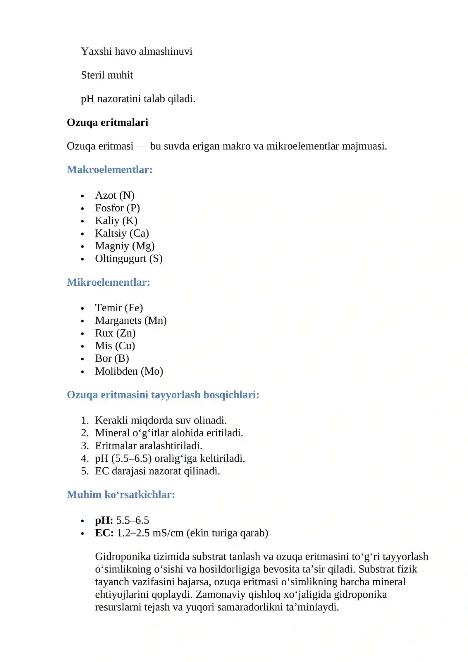 Gidroponika uchun substratlar va ozuqa eritmalar 2