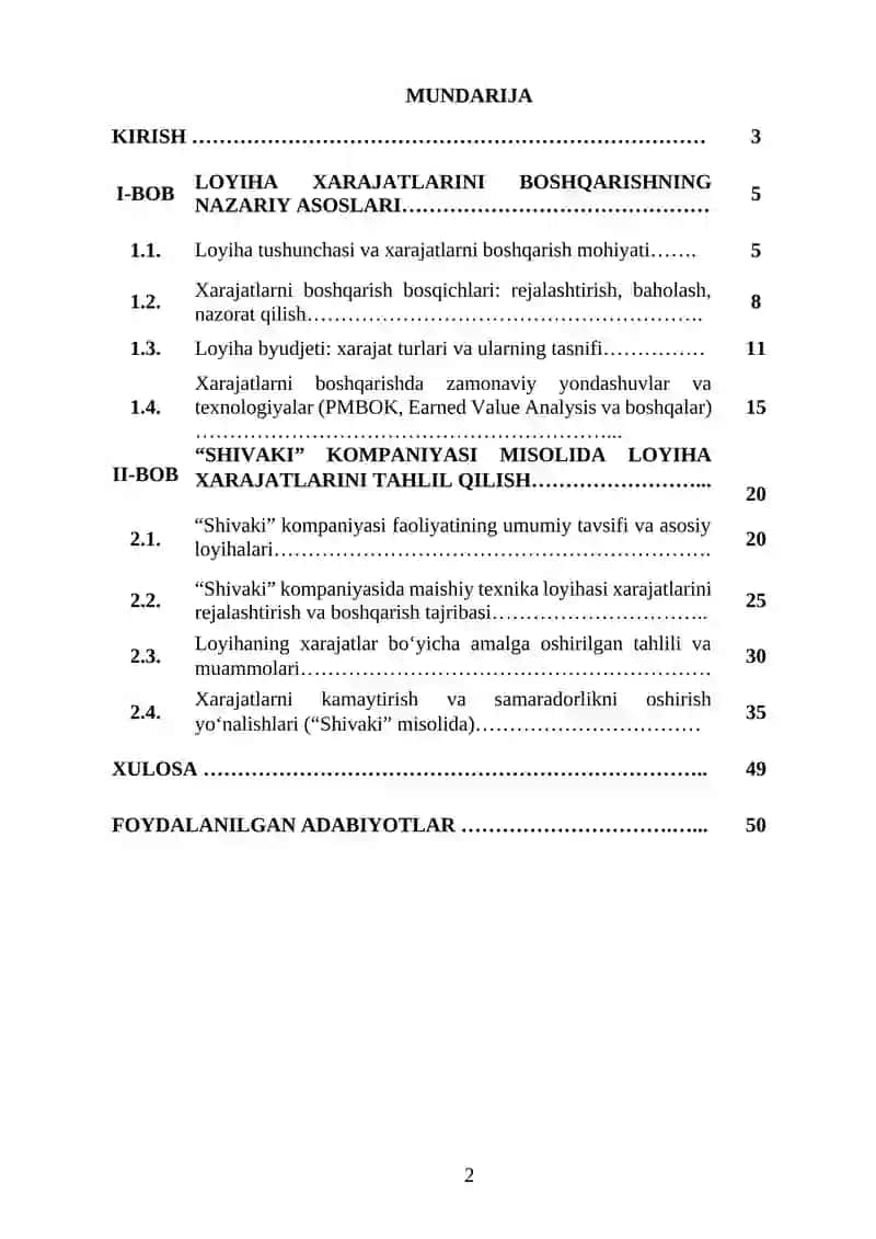 LOYIHA XARAJATLARINI BOSHQARISHNI TAHLIL QILISH 2