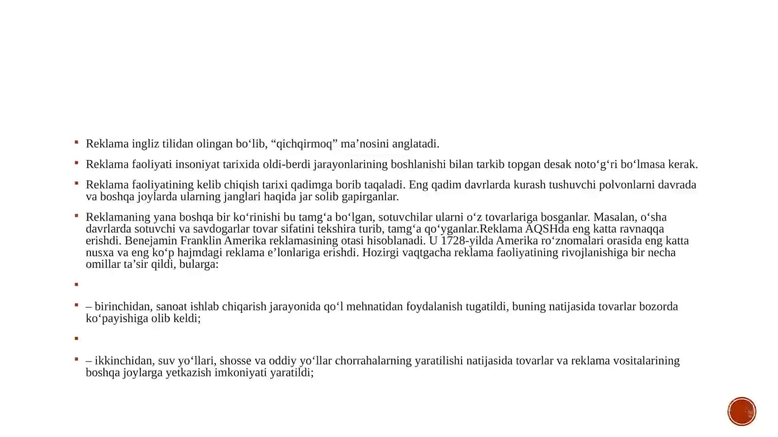 Reklamaning o’rni Marketingda 2