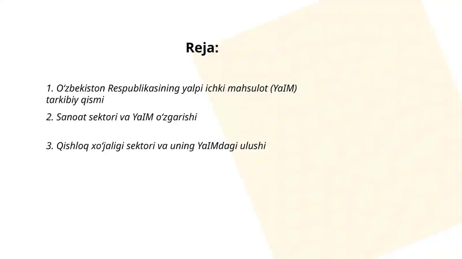Oʻzbekiston Respublikasining YaIM tarkibidagi oʻzgarishlar tahlili 2