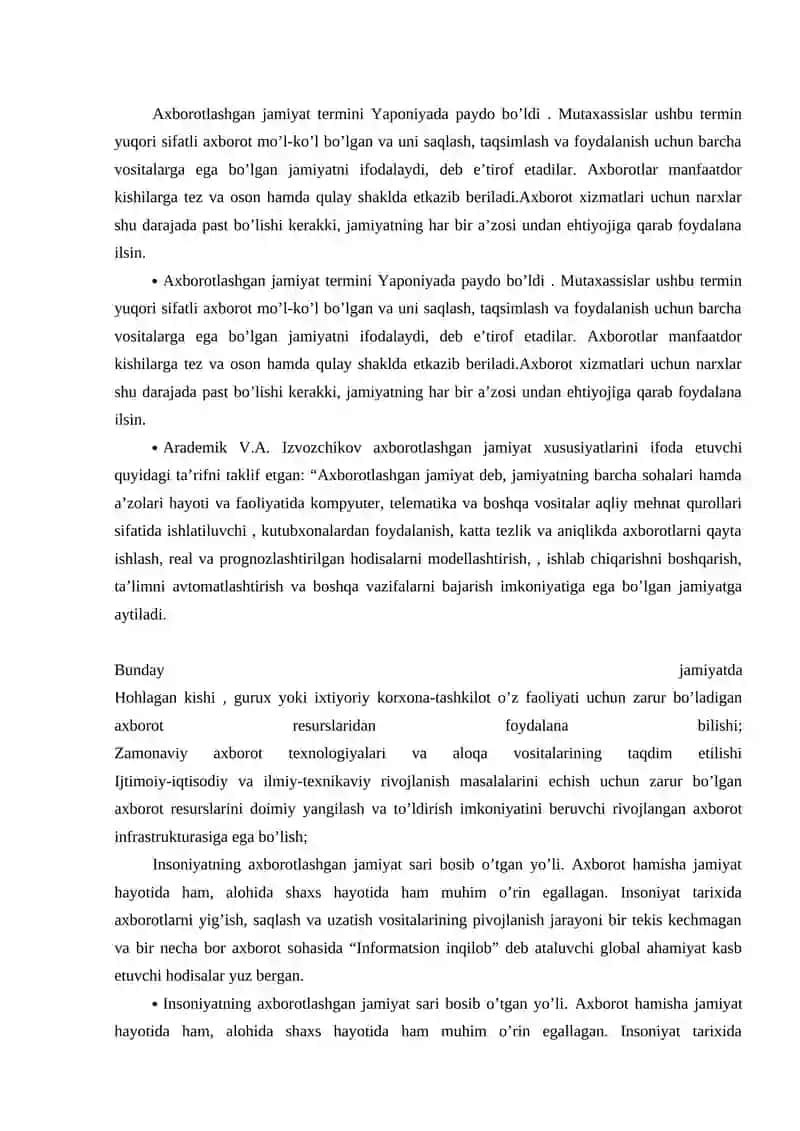 Axborotlashgan jamiyat va uning istiqbollari mavzusida esse tayyorlash 2