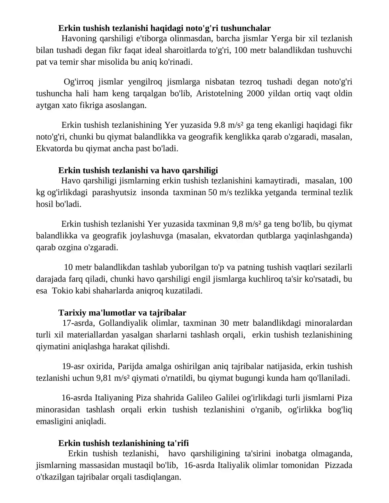 Erkin tushish tezlanishi 2