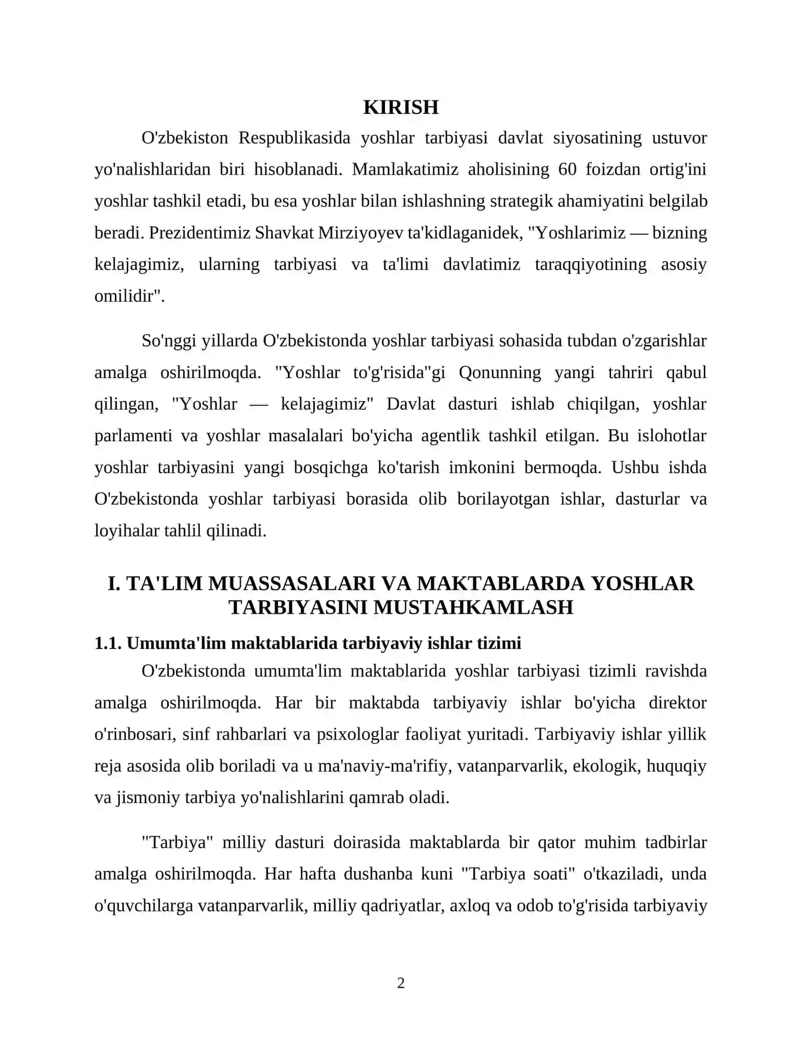 O'ZBEKISTONDA YOSHLAR TARBIYASI BORASIDA OLIB BORILAYOTGAN ISHLAR 2