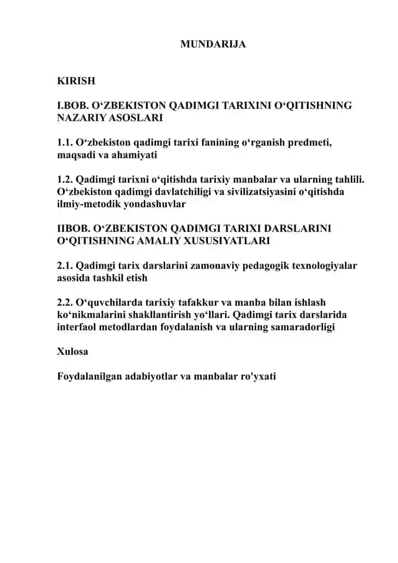 O'zbekiston Qadimgi tarixi darslarini o‘qitish hususiyatlari Kurs ishi 2