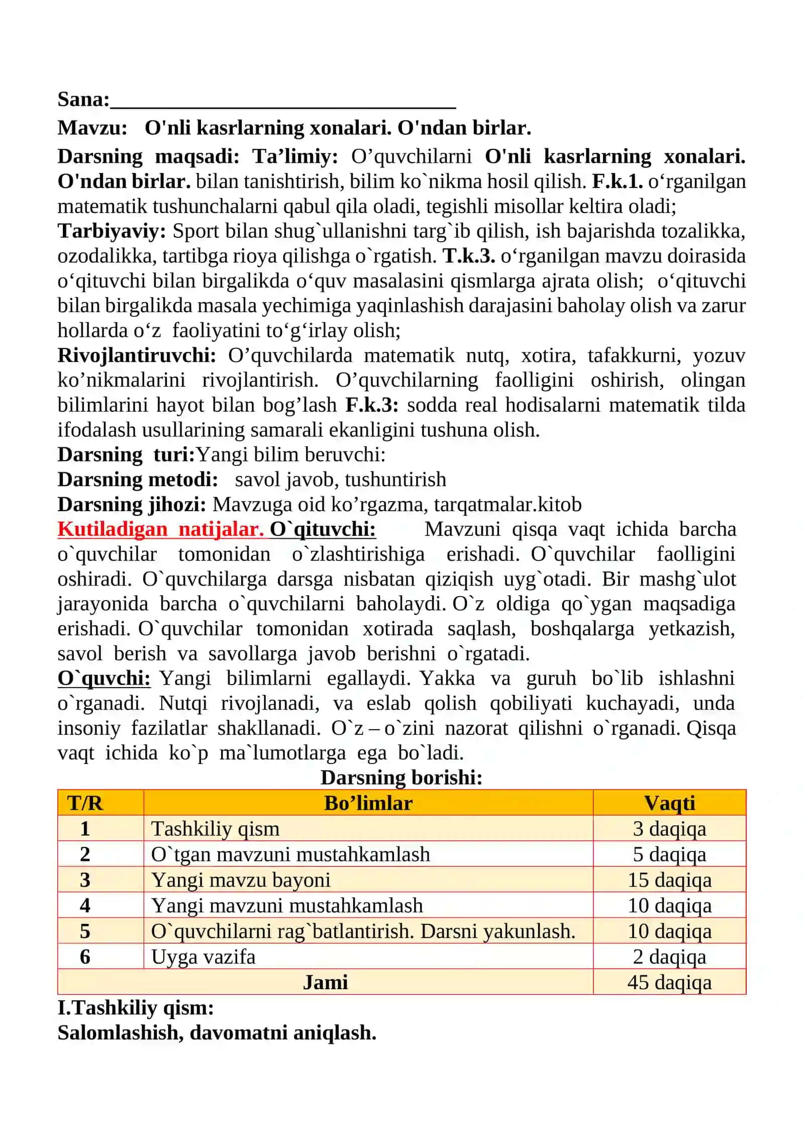 O'nli kasrlarning xonalari. O'ndan birlar mavzusida 4-sinf Matematika fanidan dars ishlanmasi 2