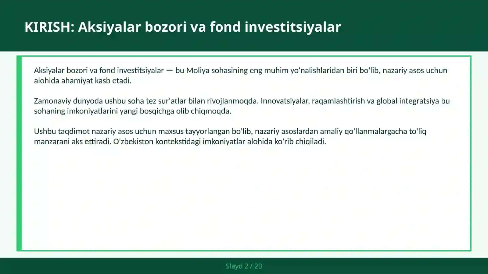 Aksiyalar bozori va fond investitsiyalar 2