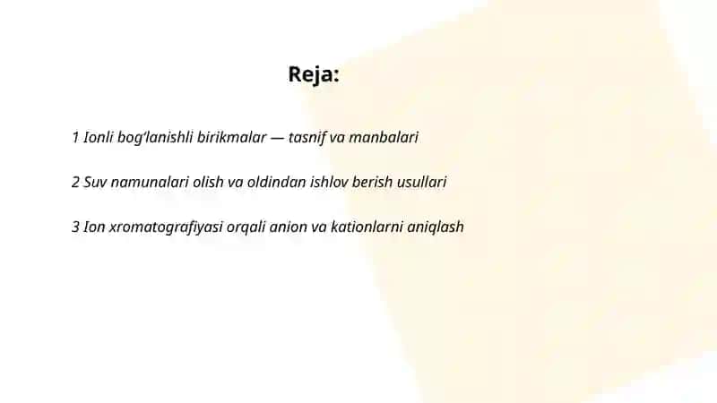 Suvning ifloslanishida ionli bog'lanishni birikmalar aniqlash 2