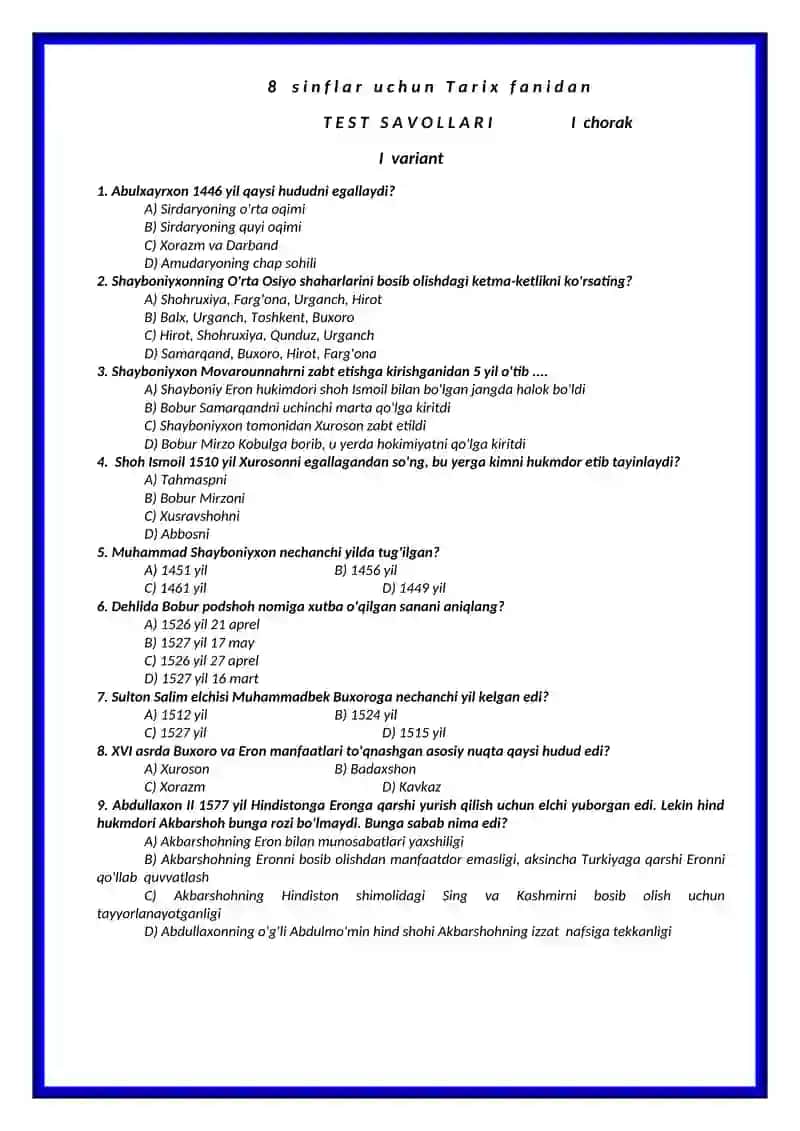 8-sinflar uchun tarix fanidan teslar to'plami 2