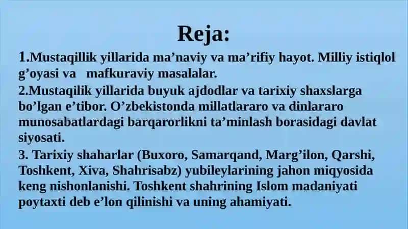 MUSTAQILLIK YILLARIDA OʼZBEKISTONNING MAʼNAVIY VA MADANIY TARAQQIYOTI 2