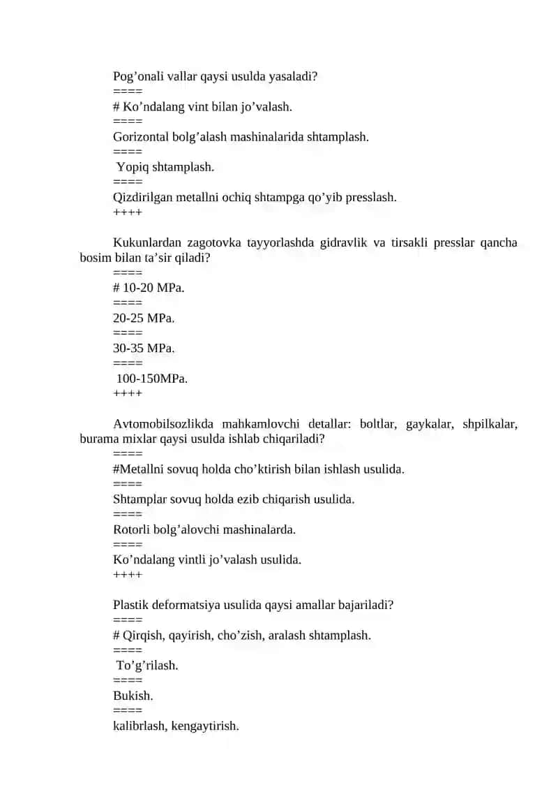 Metallarga ishlov berish usullari bo'yicha test savollari 2