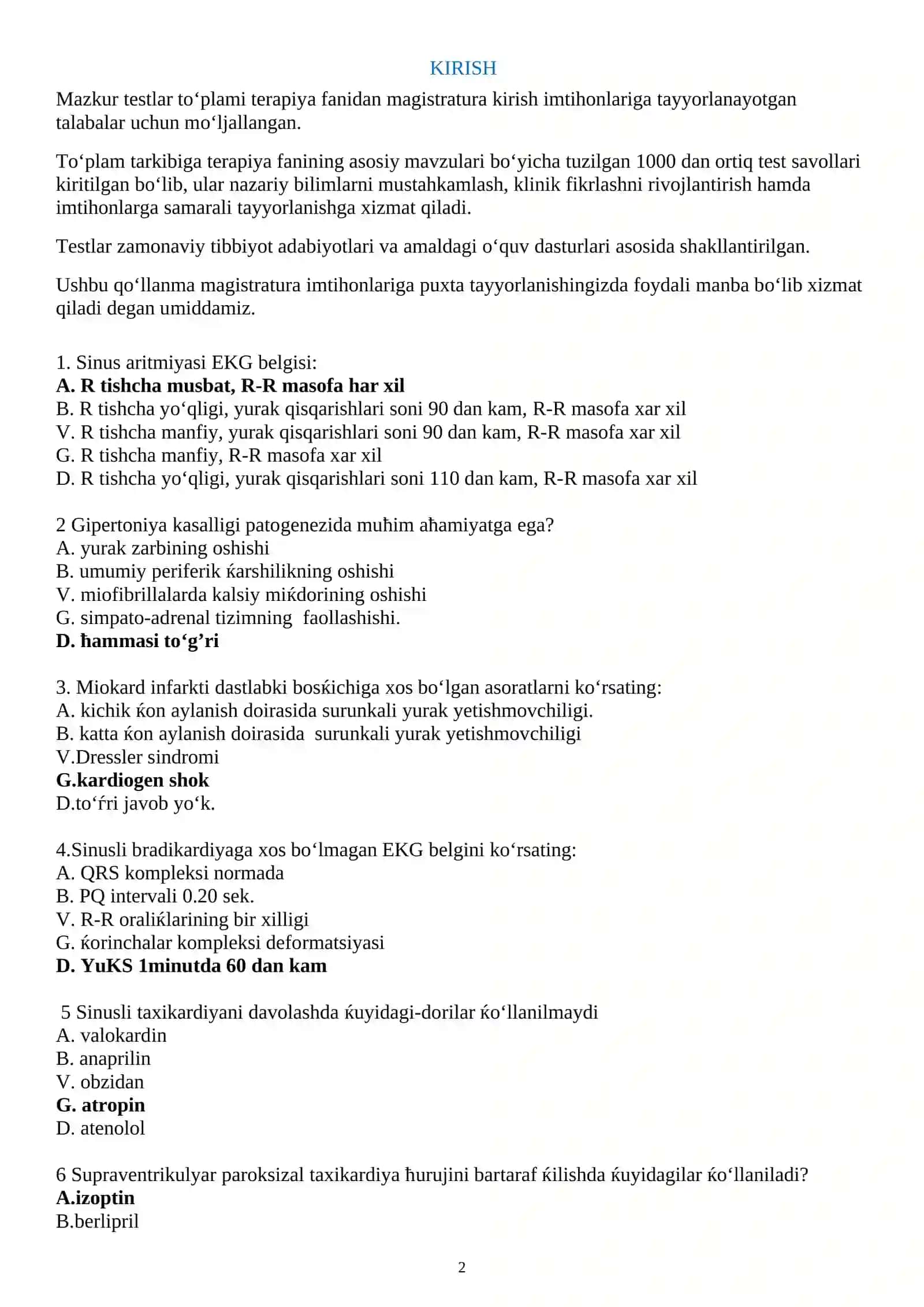 TERAPIYA FANIDAN MAGISTATURA KIRISH TESTLARI 2026 2