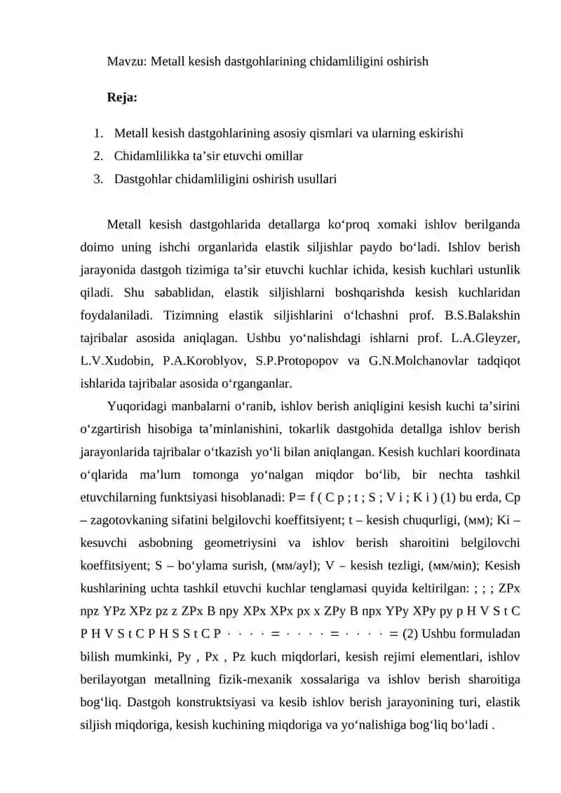 Metall kesish dastgohlarining chidamliligini oshirish 2