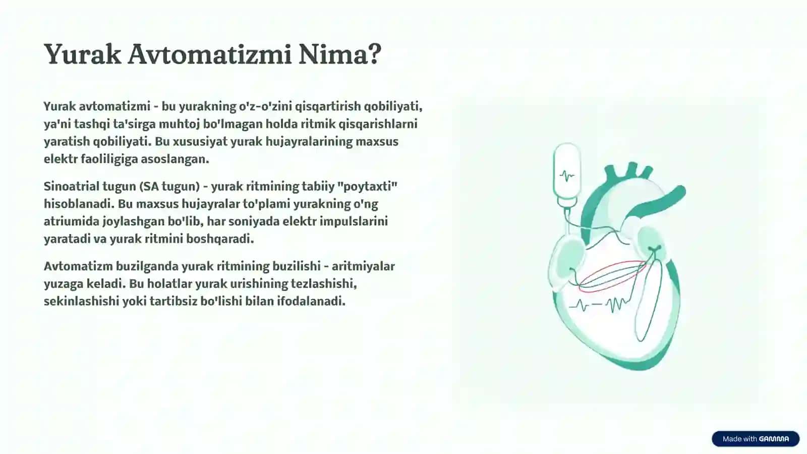 Yurak patofiziologiyasi. Yurak avtomatizmi,qo'zg'aluvchanlik va o'tkazuvchanligining buzilishi. 2