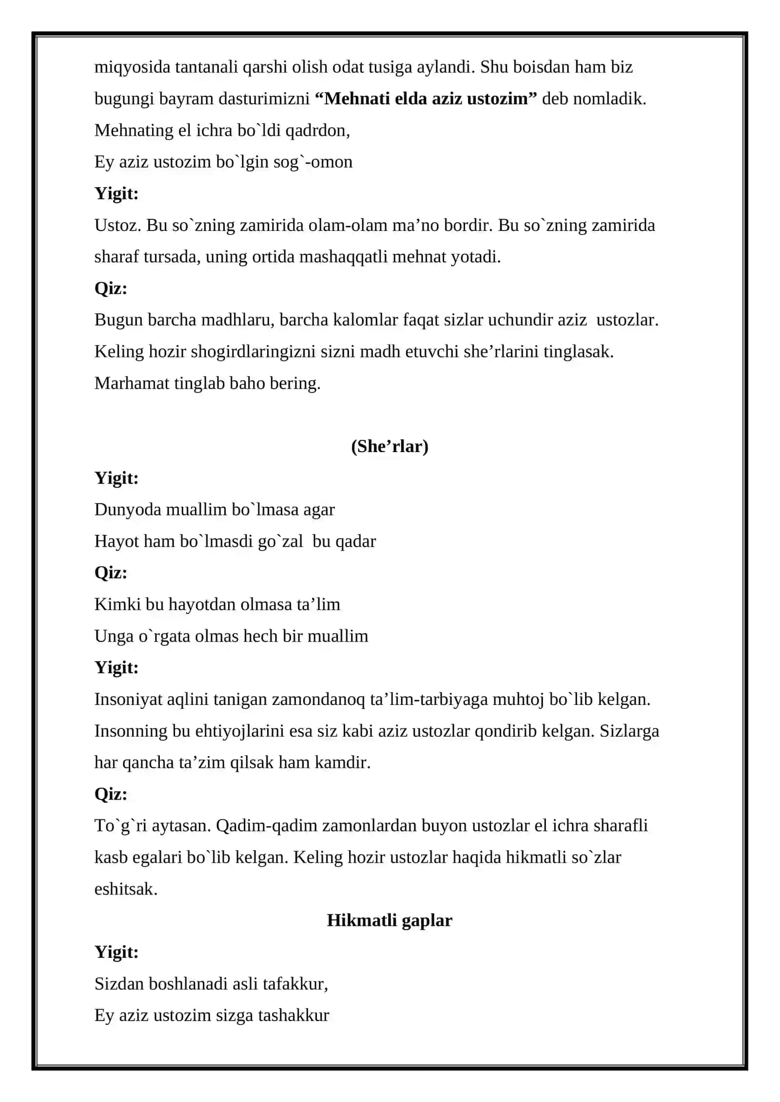 1 oktabr ustoz va murabbiylar kuniga bag`ishlangan bayram tadbirining ssenariysi 2