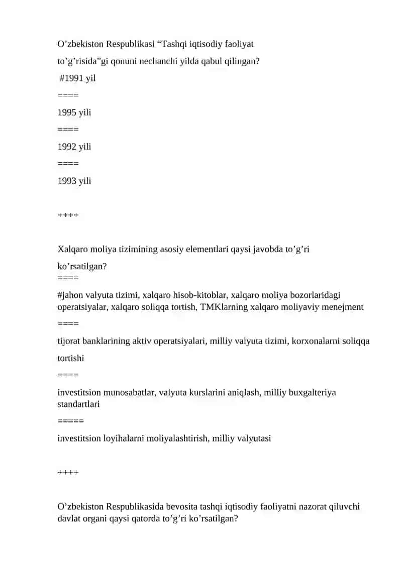 Xalqaro moliya munosabatlari fanidan yakuniy savollari va javoblari bilan 2