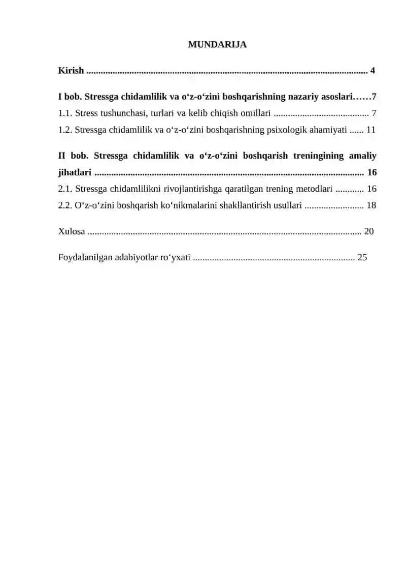 Stressga chidamlilik va o’z-o’zini boshqarish treningi 2