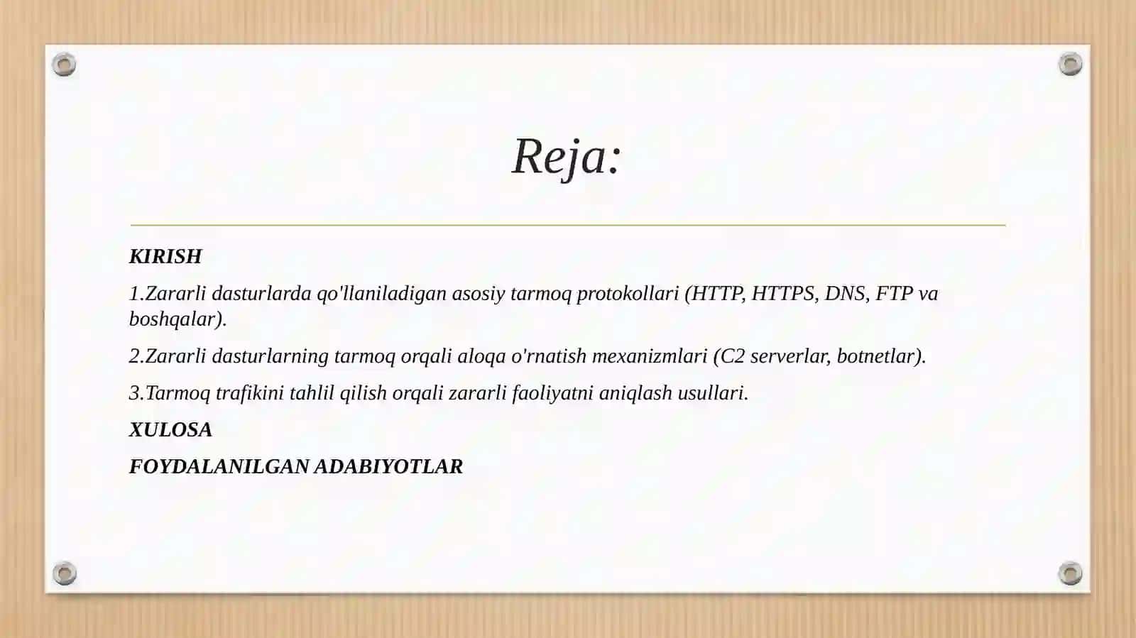 Zararli dasturlarda ishlatiladigan tarmoq protokollari va ularga qarshi choralarini aniqlash. 2