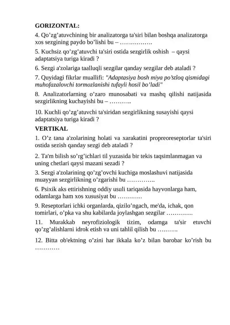 sezgi mavzusida krossvord 2