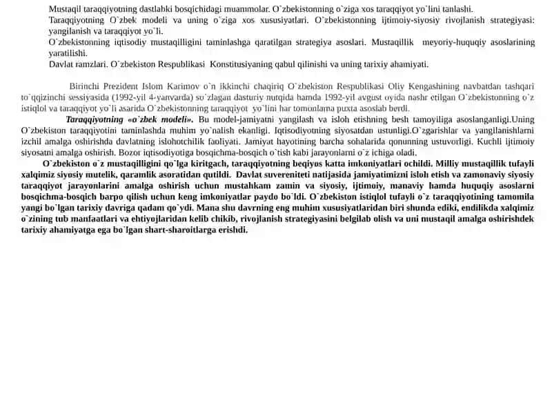 O`zbekistonning o`ziga xos istiqlol va taraqqiyot yo`li 2