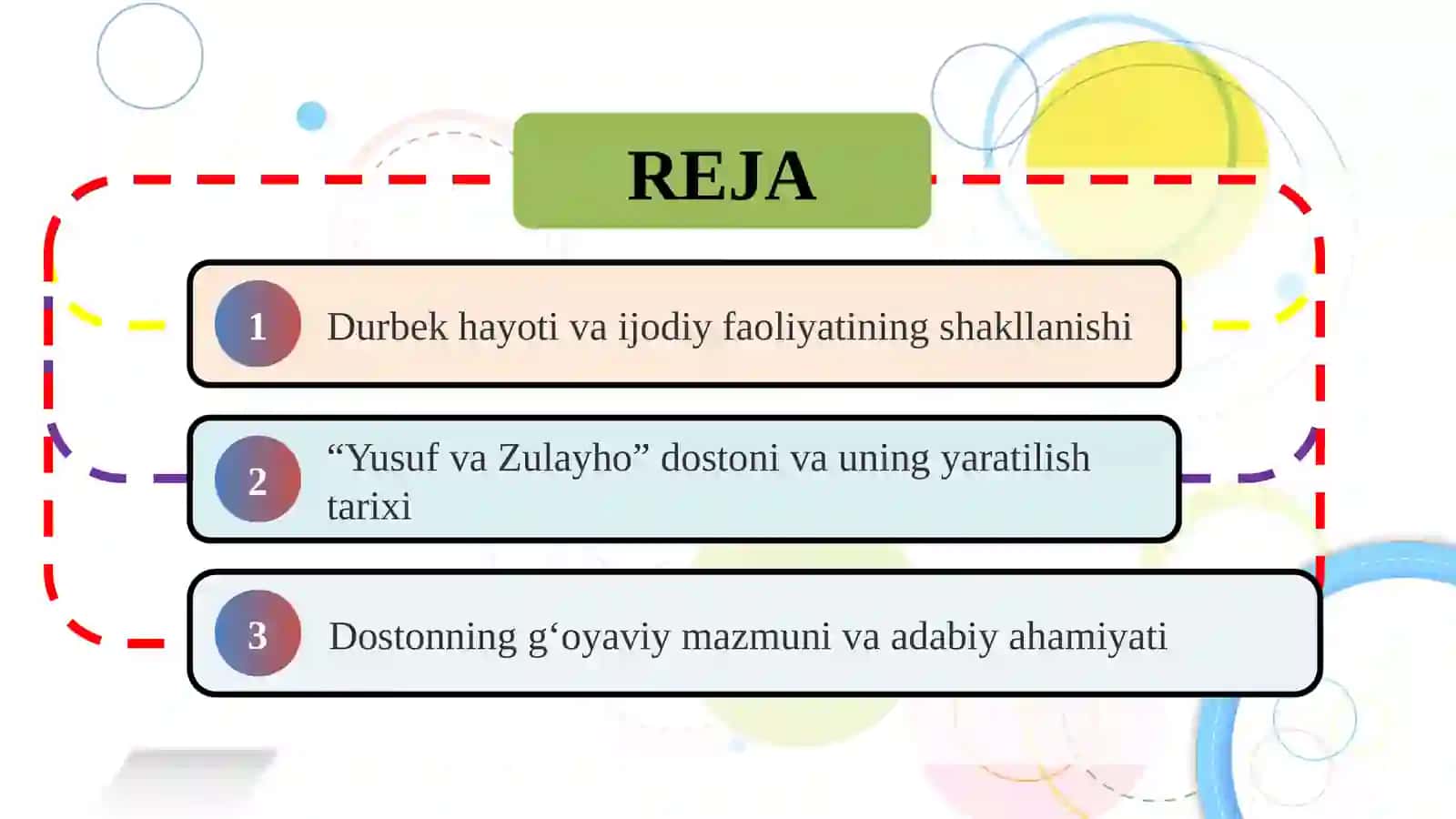 Durbek hayoti va ijodi. “Yusuf va Zulayho” dostoni 2