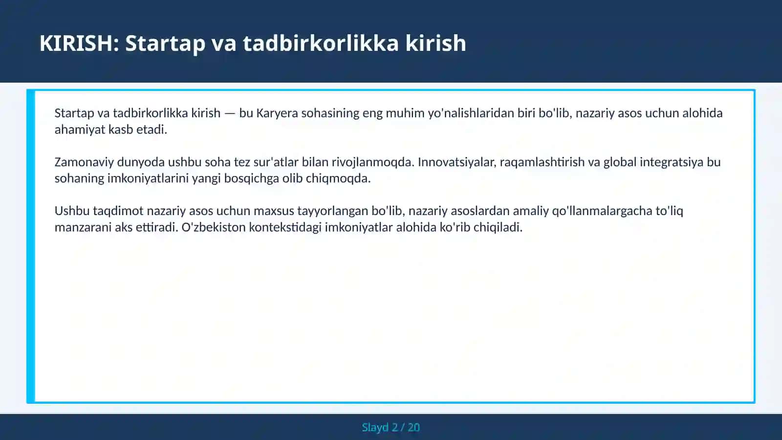 Startap va tadbirkorlikka kirish 2