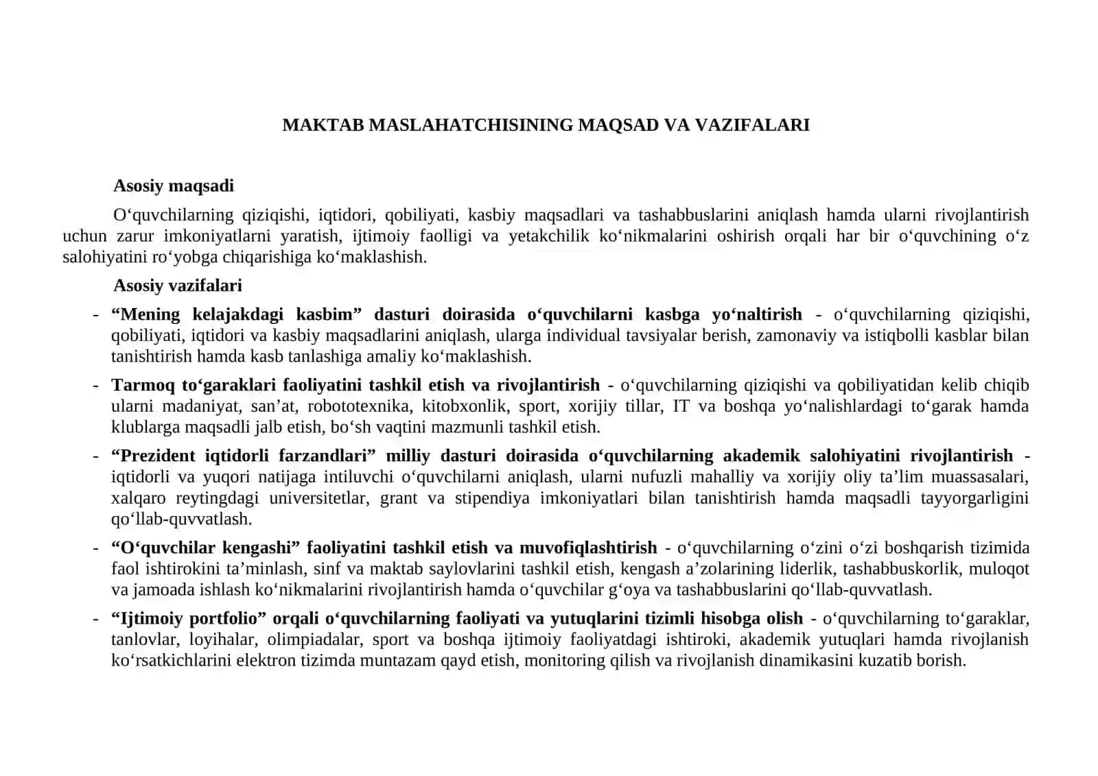 Maktab maslahatchisi 2026-2027 oʻquv yili ish rejasi 2