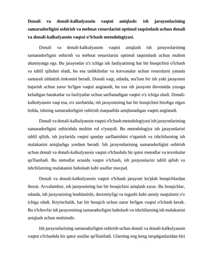 Donali va donali-kalkulyasoin vaqt.Mehnatni meyorlash ish malakasini aniqlash.Mavjud meyorlarini qayta qurish 2