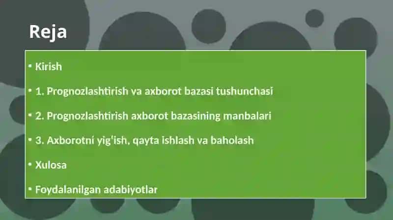 PROGNOZLASHTIRISHNING AXBOROT BAZASI 2