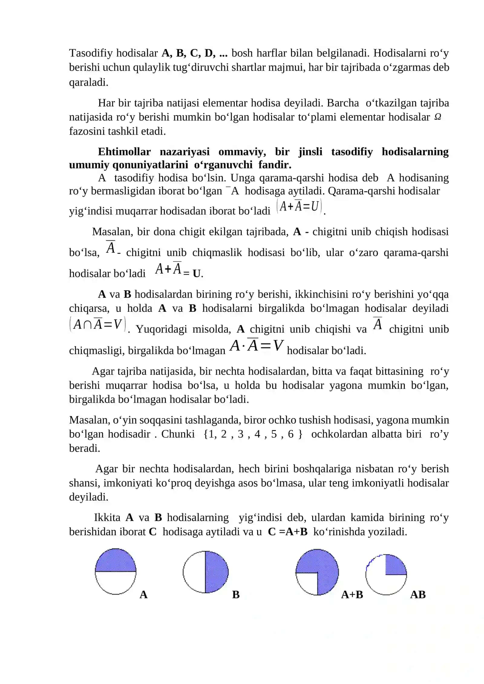 Elementar hodisalar fazosi.Tasodifiy hodisalar va ehtimolning turli ta`riflari. Ehtimollarni qo‘shish, ko‘paytirish teoremalari. To‘la ehtimol formulasi. Bayes formulasi 2