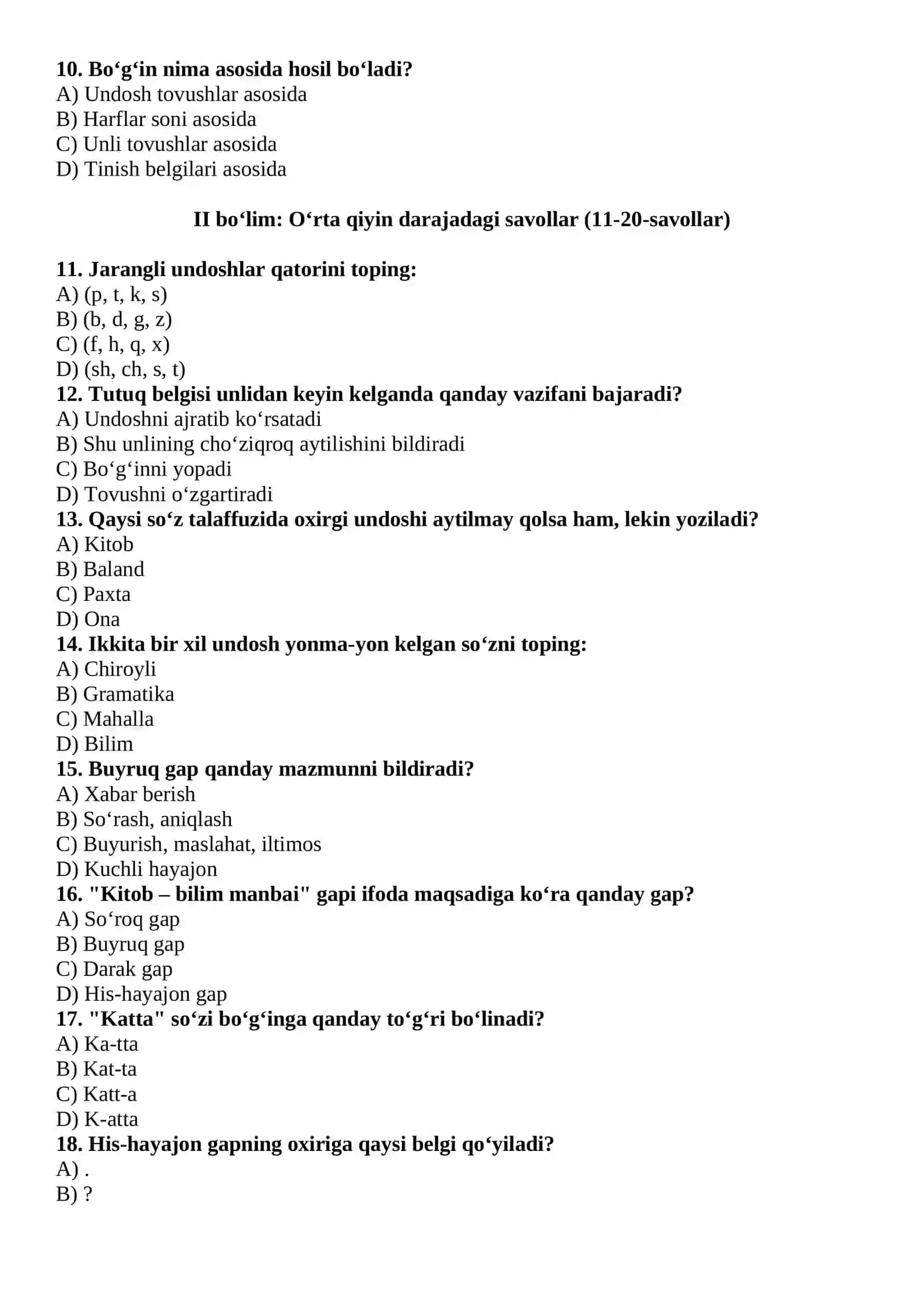 Ona tili fanidan olimpiada testlari (3-sinf) 2