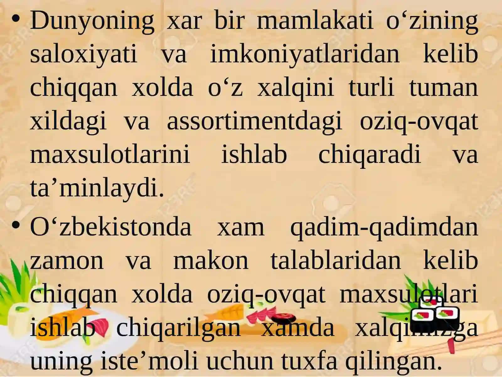 Oziq-ovqat sanoati. Umumiy tushunchalar va asosiy tamoyillar. Oziq-ovqat mahsulotlarining sinflanishi 2