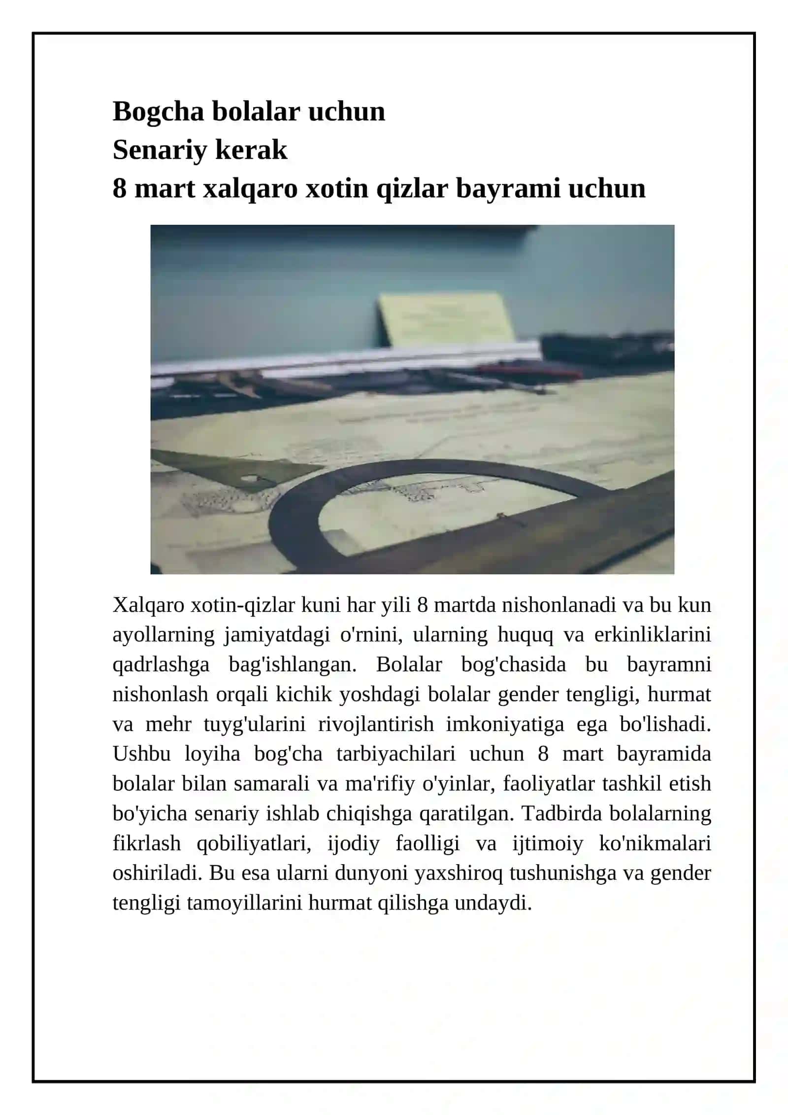 O'RTA GURUH BOLALAR UCHUN SENARIY 2