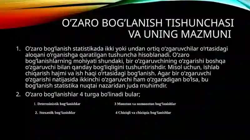 O’zarobog’lanishlarni statistiko’rganish 2