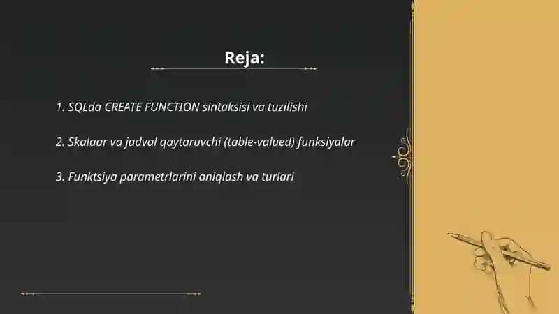 SQLda funksiyalar yaratish va uning vazifalari 2
